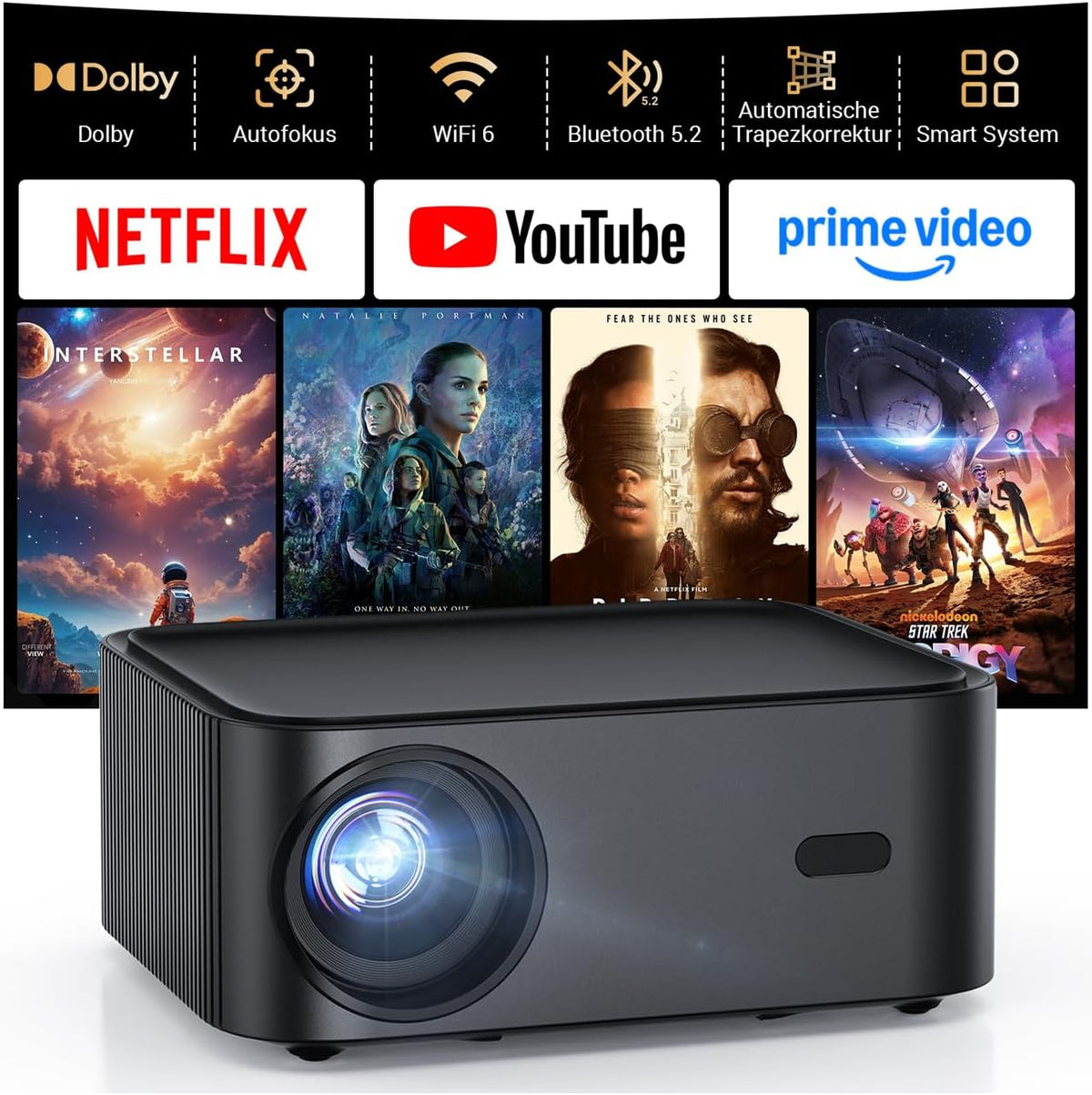 Beamer, Schwarz, Smart 4K kompatibel mit Netflix-App, HAPPRUN H11 Heimkino mit Autofokus & Dolby Audio, Streaming & Spiele ohne TV-Stick