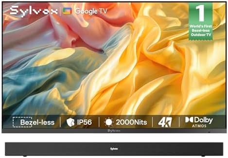SYLVOX Fernseher, 43 Zoll, Schwarz, Outdoor TV, 4K Randloser Smart Google TV mit 2000 nits, Dolby Atmos, WiFi & Bluetooth