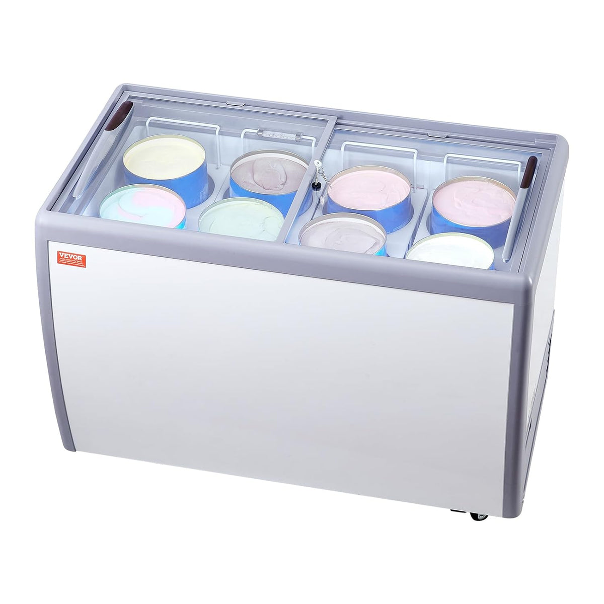 VEVOR Gefriertruhe, 370 L, Weiß, Kommerzielle Eiscreme-Vitrine, Mobiler Tiefkühlschrank mit Glasplatte, 2 Glasschiebetüren