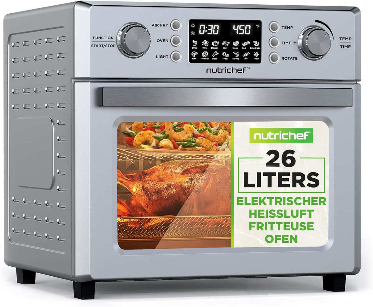 NutriChef Heissluftfritteuse, 26 Liter, Schwarz, Heißluftfritteuse Airfryer Ofen mit Drehspieß