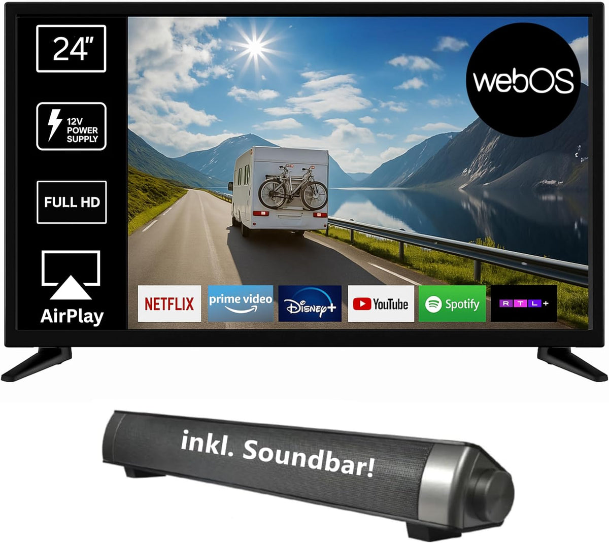 Reflexion Fernseher, 24 Zoll, 12 V, Schwarz, Smart TV, LED24iBT Smart-TV mit Soundbar, Full-HD, WLAN, Bluetooth