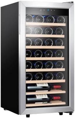 Kalamera Weinkühlschrank, 86 Liter, Silber, 28 Flaschen, Touch-Bedienfeld, Edelstahl Glastür, 5-18°C Kühlzone, Abnehmbar Holzauflagen