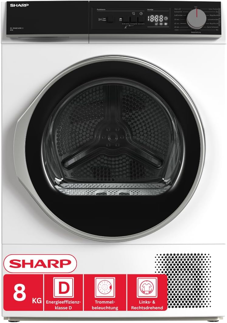 SHARP Wärmepumpentrockner, 8 kg, Weiß, KD-NHA8S6GW1D-DE (, EEK D), (15 Trockenprogramme, 20 Min. Kurzprogramm, Edelstahltrommel mit LED-Beleuchtung)