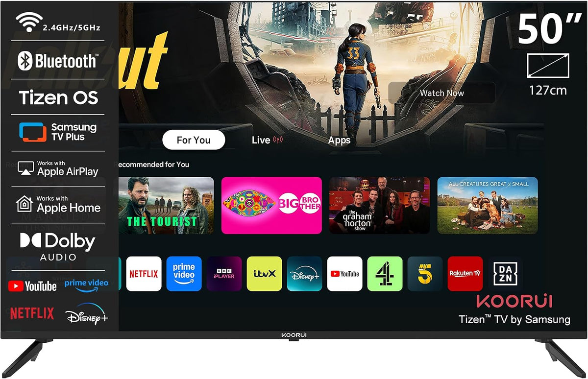 KOORUI Fernseher, 50 Zoll, 126 cm, Schwarz, Smart TV, K50Q1UQ-T8 QLED , 4K Smart TV Powered by Tizen, mit HDR 10