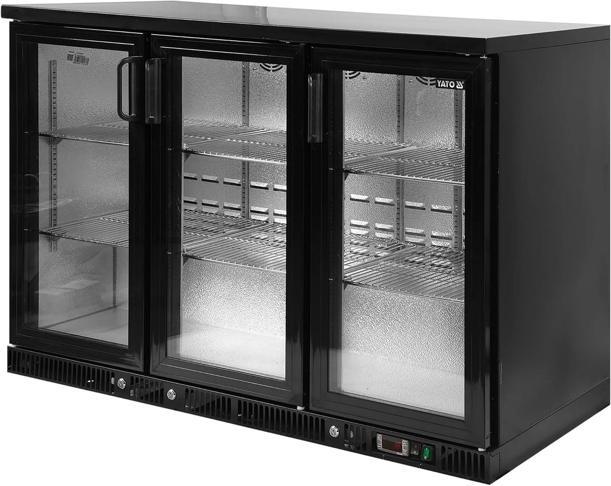 Wohnzimmerschrank YATO, 341 L, 240 V, Weiß, Flaschen-Kühlvitrine Dreitürig, Energieeffizienter Kühlschrank aus pulverbeschichtetem Stahl