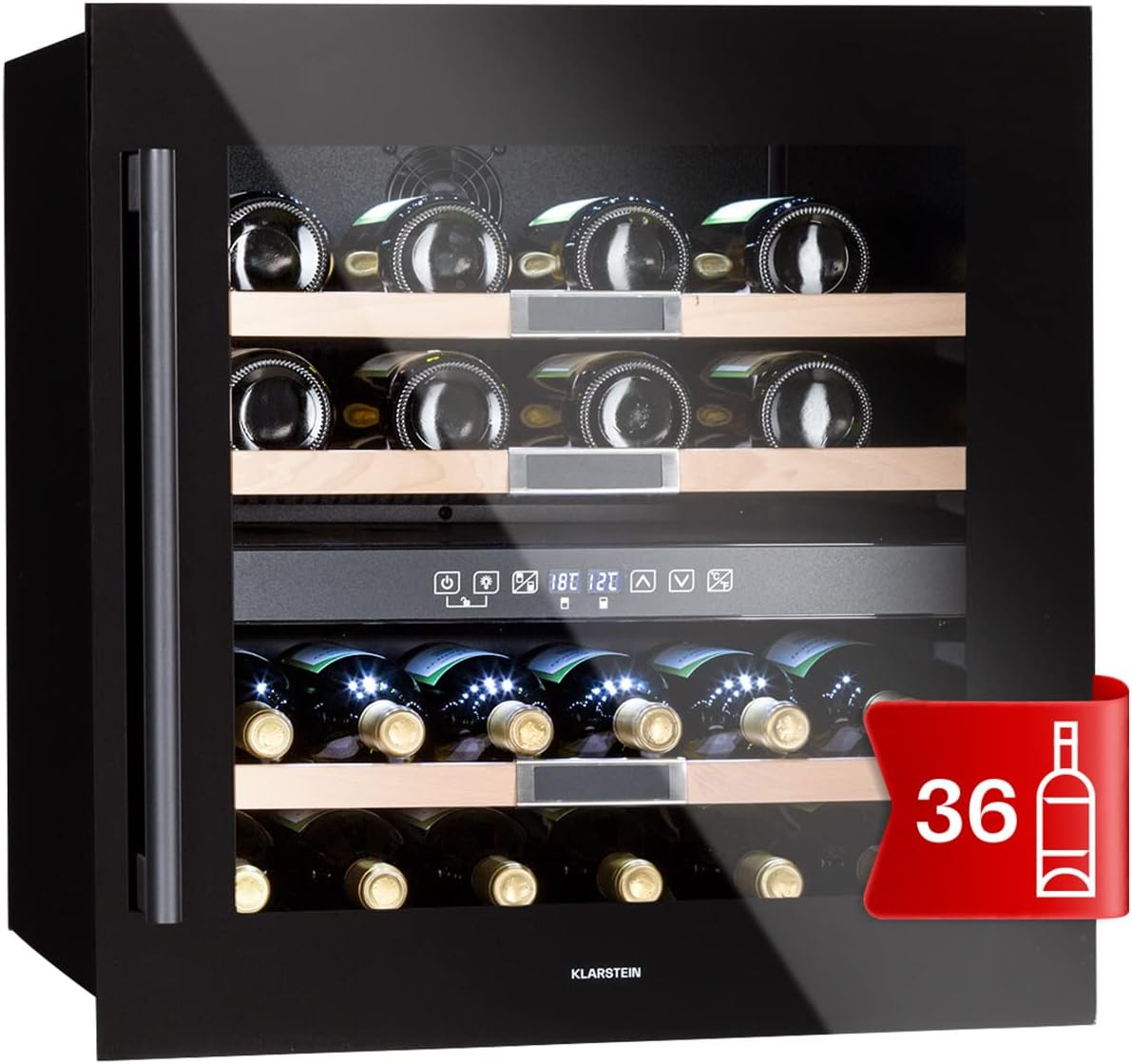 Klarstein Weinkühlschrank, 85 L, Schwarz, Einbau-, 2 Zonen Getränkekühlschrank Klein, Kleiner Weinschrank, Wein-Kühlschrank Klein mit Glastür