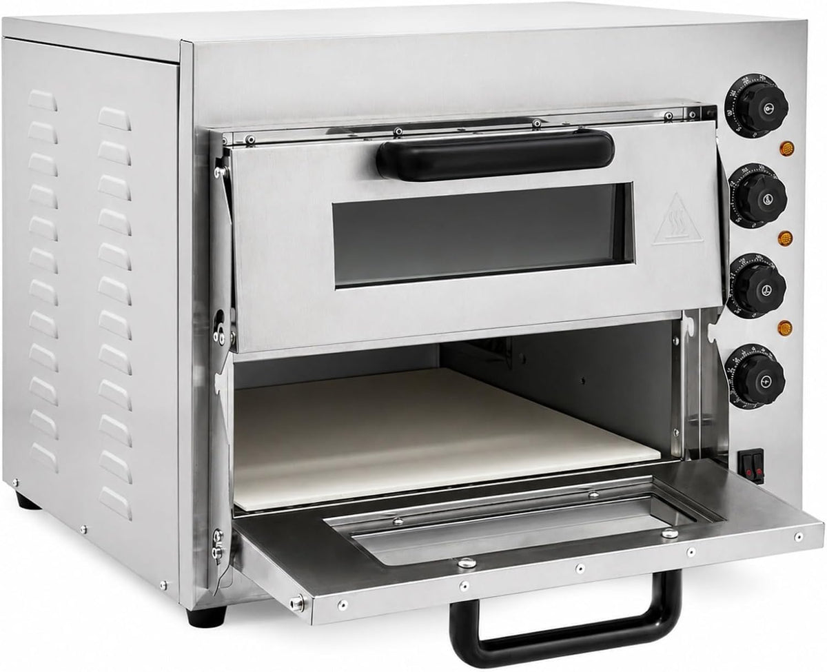 Edelstahl Pizzaofen, 3000 W, Silber, Doppel-Etagensystem, Präzise Temperatur, Timer, Leicht zu Bedienen, Profi Pizza Backofen für Küche