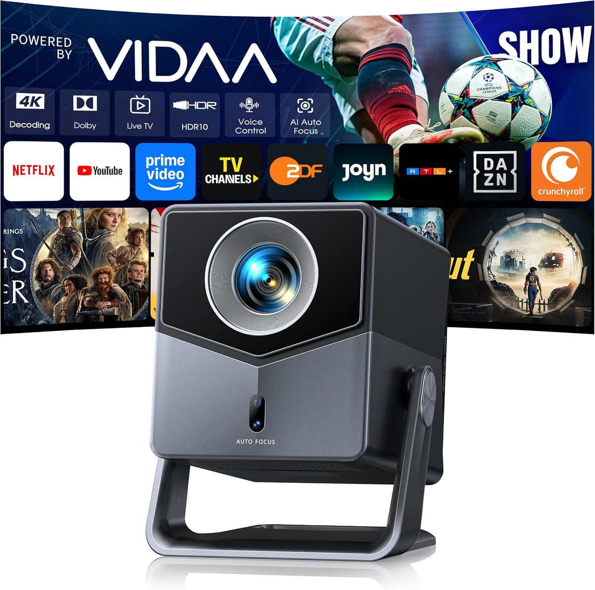 Beamer, Schwarz, 4K [Schnellste VIDAA OS] Kompatibel mit Netflix & Dolby, 1400ANSI 1080P Smart Heimkino Autofokus Trapezkorrektur