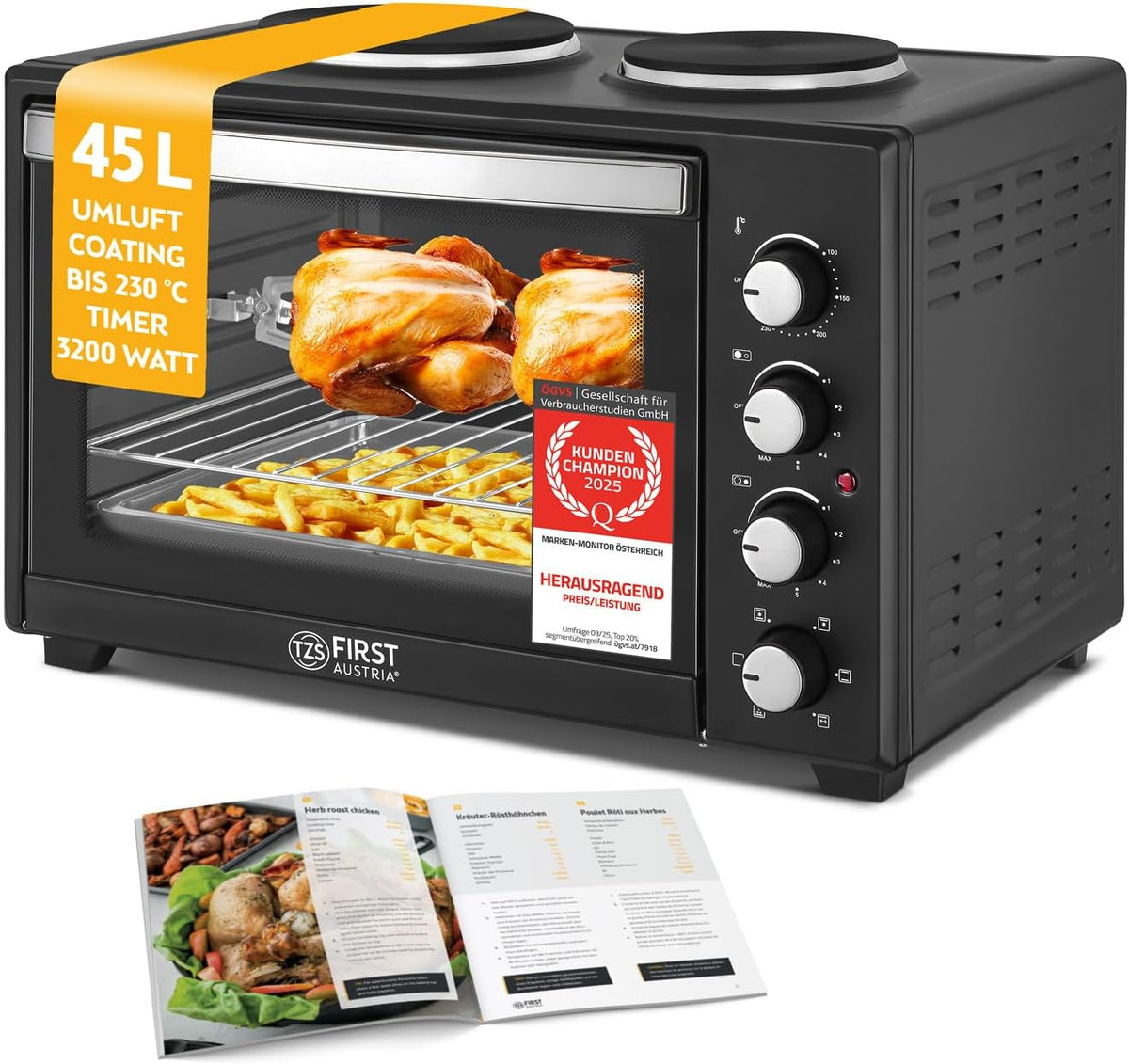 TZS Pizzaofen, 3200 W, 45 L, Schwarz/Silber, First Austria - Minibackofen mit Kochplatten - Mini