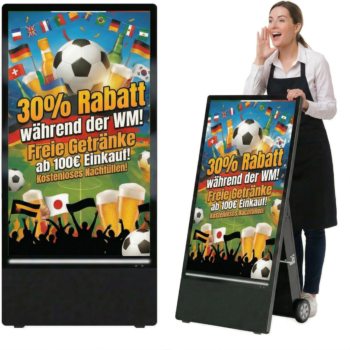 MWE Digital-Signage-Display, Schwarz, Outdoor Digitaler Kundenstopper, Digital Signage Display mit Tragbare wiederaufladbare