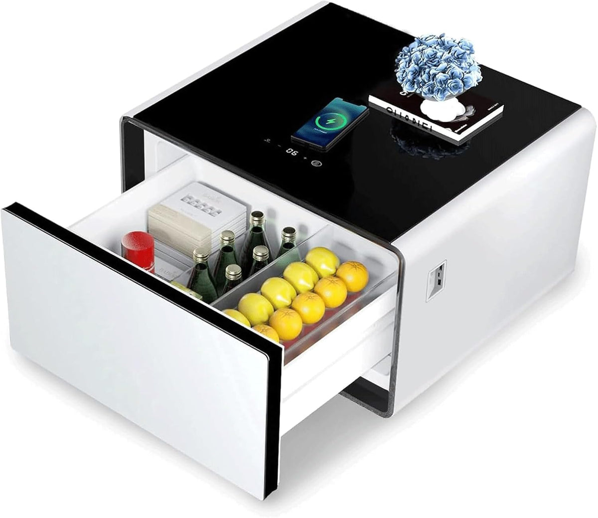 Beistelltisch, 15 W, Weiß, Smart Nachttisch mit eingebautem Kühlschrank & kabellosem, multifunktionaler, stilvoller Nachttisch