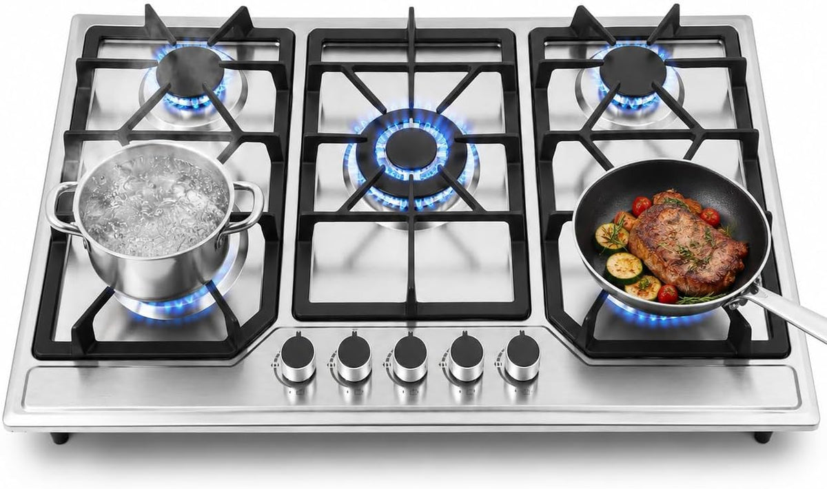 Gaskochfeld Kochfeld, 86 cm, Edelstahl, Gusseisen, Zinklegierung, Schwarz, mit 5 Flammen, Einbauherd, Glas, Gastisch