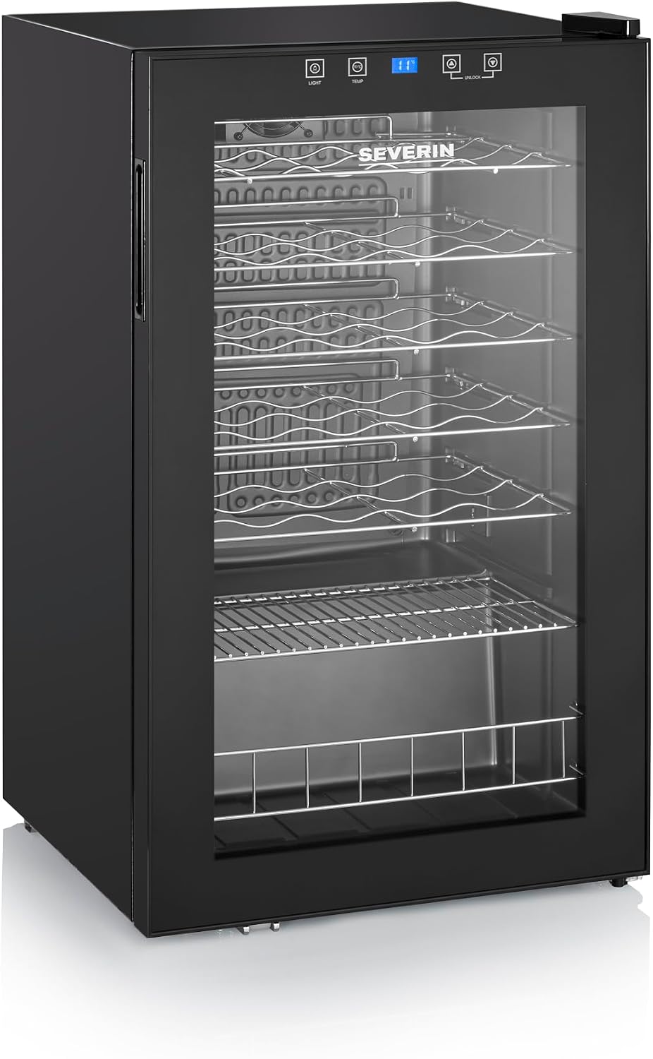 SEVERIN Weinkühlschrank, 0,75 L, 42 dB, 95 L, Schwarz, Volumen für max. 36 Flaschen, Wein-Temperierschrank inkl. LED & Touch-Display