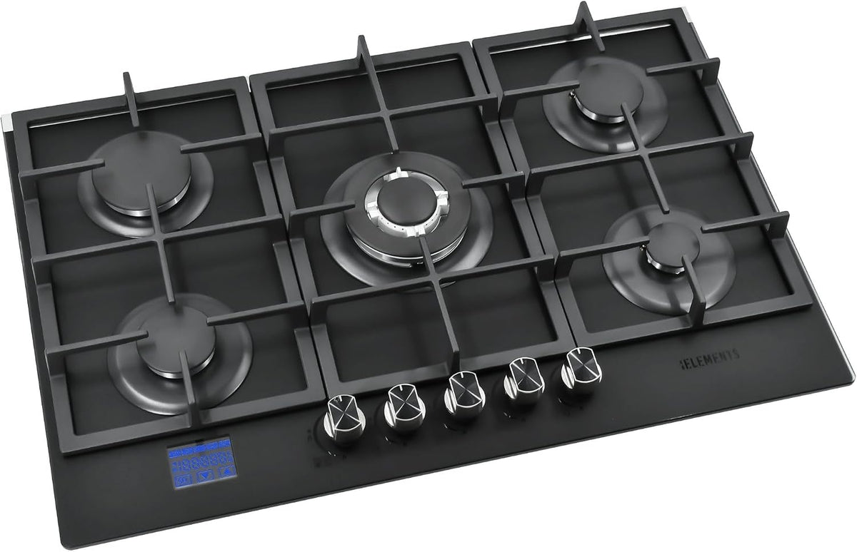 Gasherd, Schwarz, Gaskochfeld 5 Flammig, Einbau-Gaskocher für Zuhause & Wohnmobil, DIGITALER GAS-STOP-TIMER, für Propan- und Erdgas