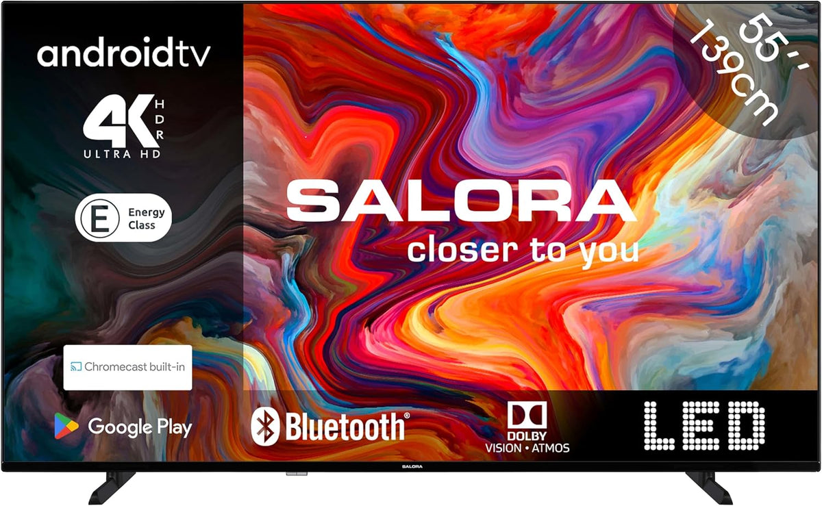 SALORA Fernseher, Schwarz, Smart TV, SMART55TV 55-Zoll, 4K UHD, Android TV, Dolby Audio, Google Chromecast, Smart TV mit WLAN & Bluetooth