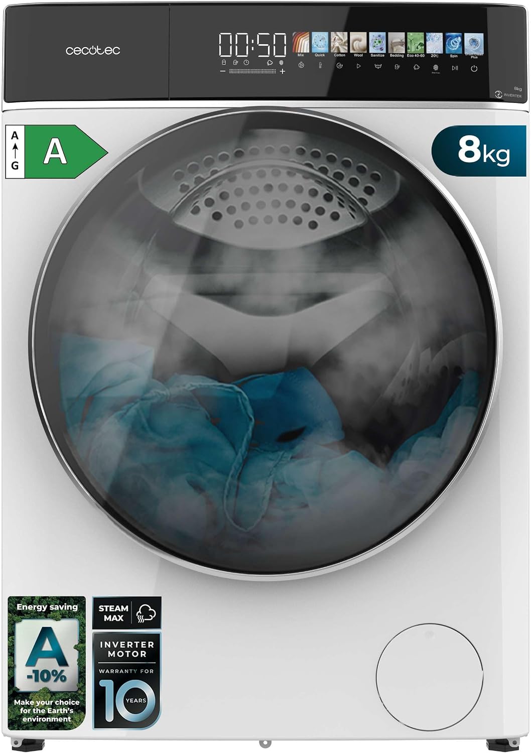 Cecotec Waschmaschine, 8 kg, Weiß, n Frontlader Bolero Dresscode 8900 Inverter Fullcolor A., 1400 U/min, Fullcolor Display 10