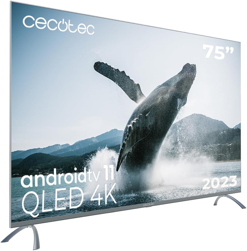 Cecotec Fernseher, Schwarz, Smart TV, QLED- 75' Smart TV V3+ Serie VQU30075+S, 4K UHD, Android TV 11, Rahmenlos
