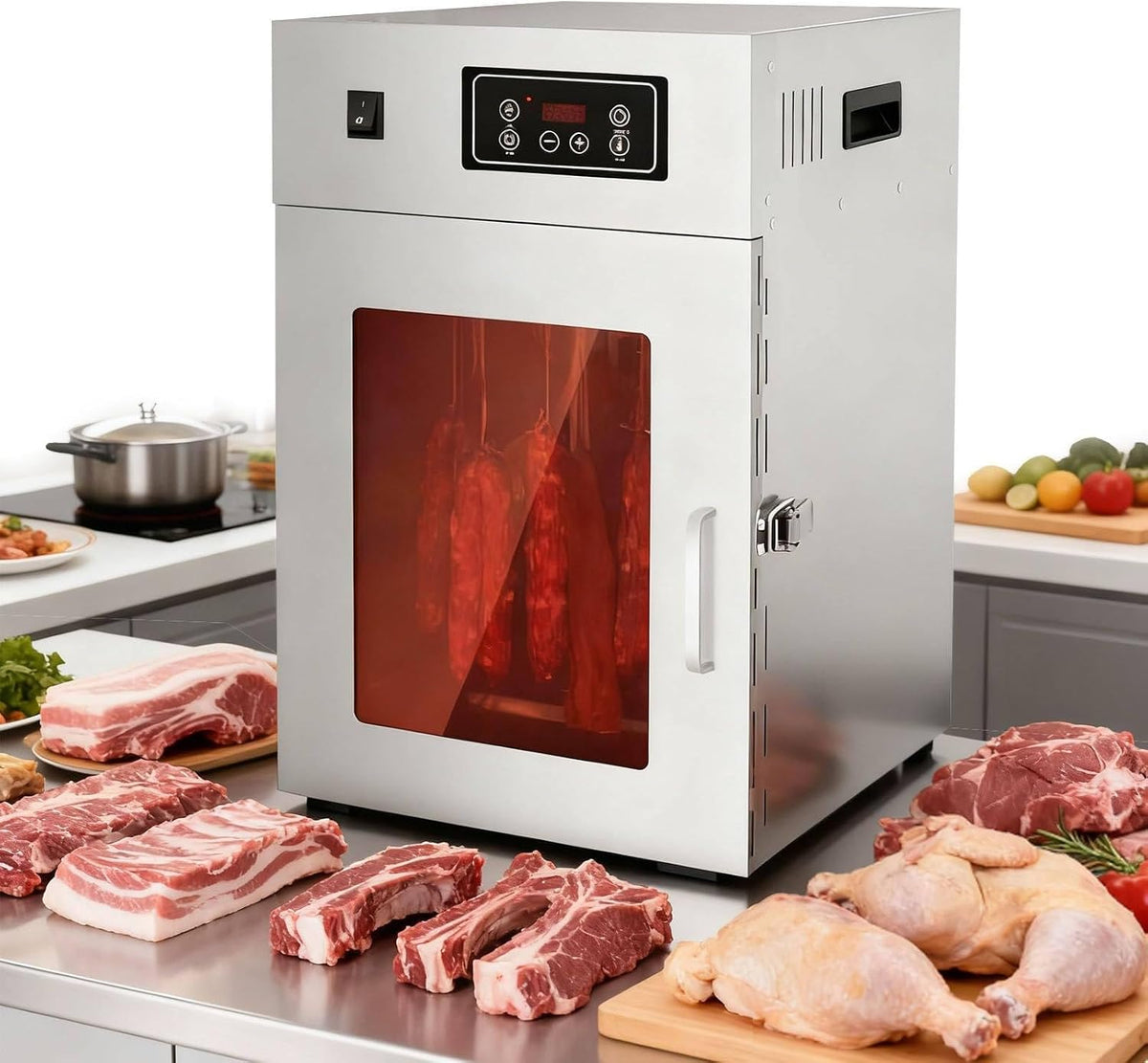 360° Wäschetrockner, 800 W, 5 kg, Silber, Dreh-Fleischtrockner, Dörrgerät und aus Edelstahl mit einstellbarem Thermostat