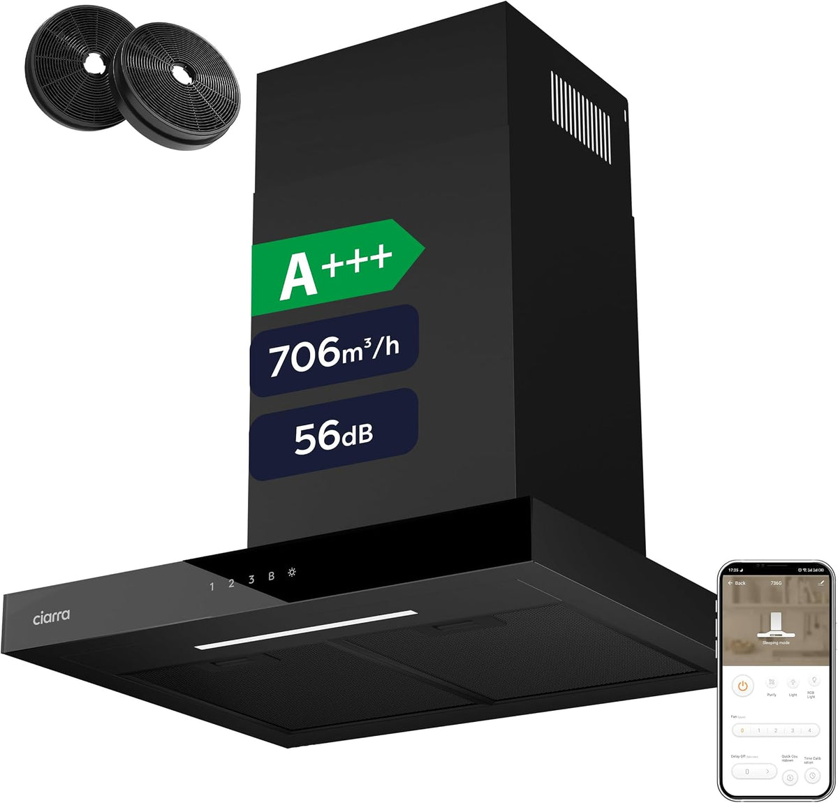 CIARRA Dunstabzugshaube, 60 cm, 706 m, Schwarz/Silber, CBCB6102 A+++ ³/h Wi-Fi App SensorTouch