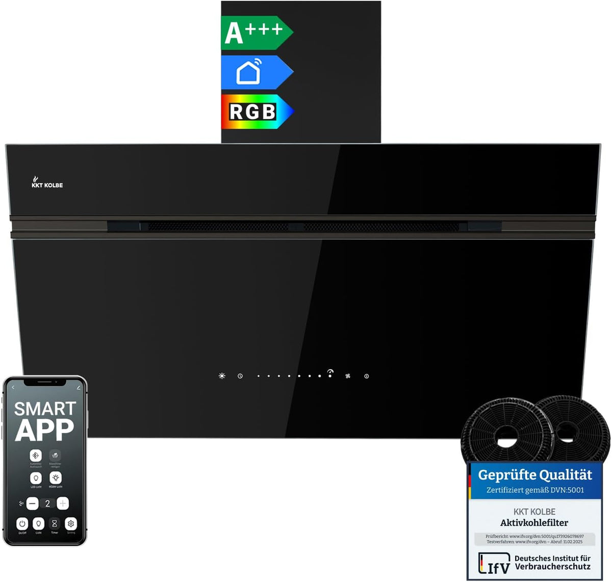 KKT Dunstabzugshaube, 90 cm, Schwarz/Silber, KOLBE Wandhaube AURORA9005FB, kopffrei