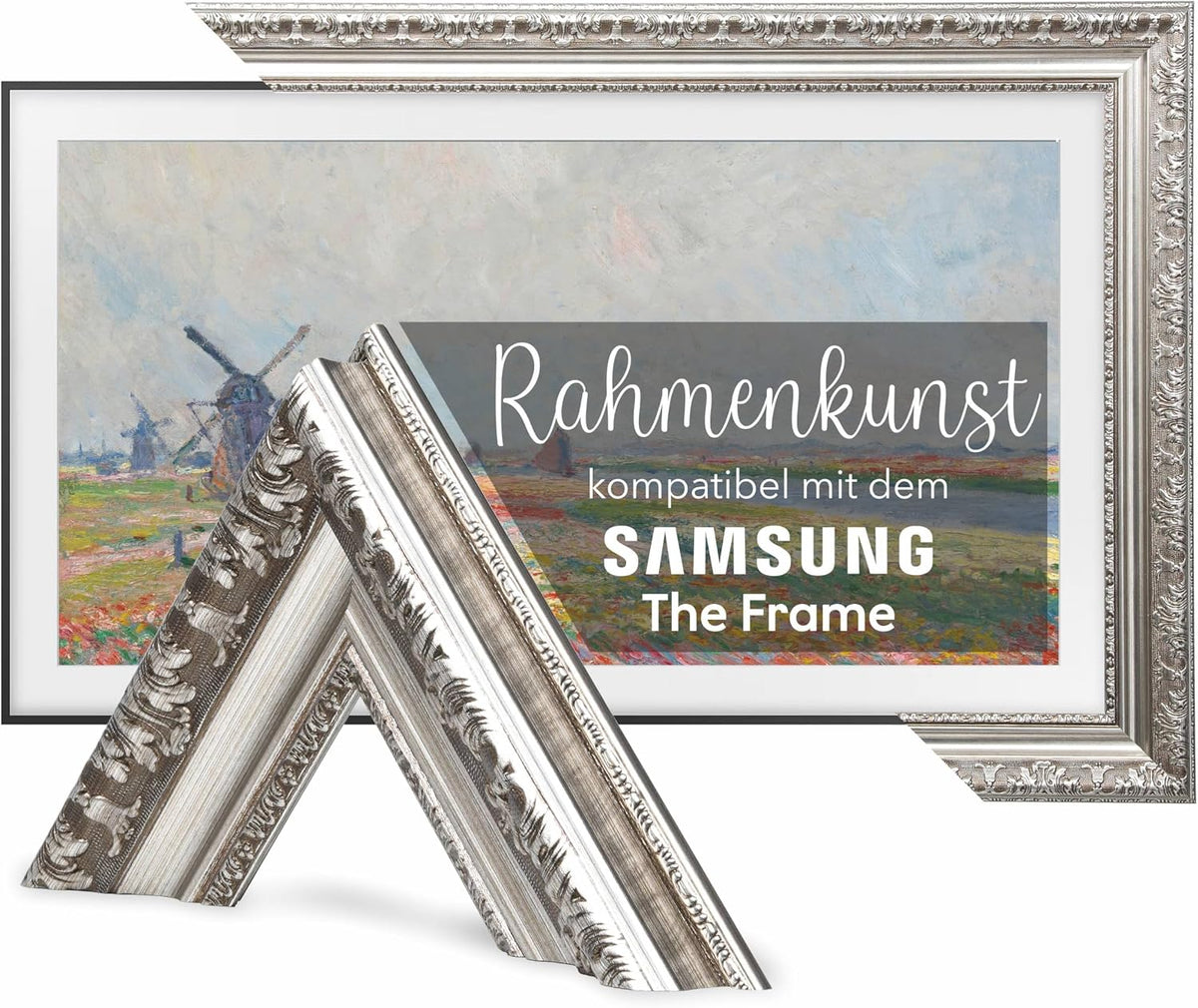 75 Fernseher, Schwarz, Zoll-TV-Rahmen für Samsung The Frame & Pro kompatibel, Antiksilber, geeignet für wandmontierte