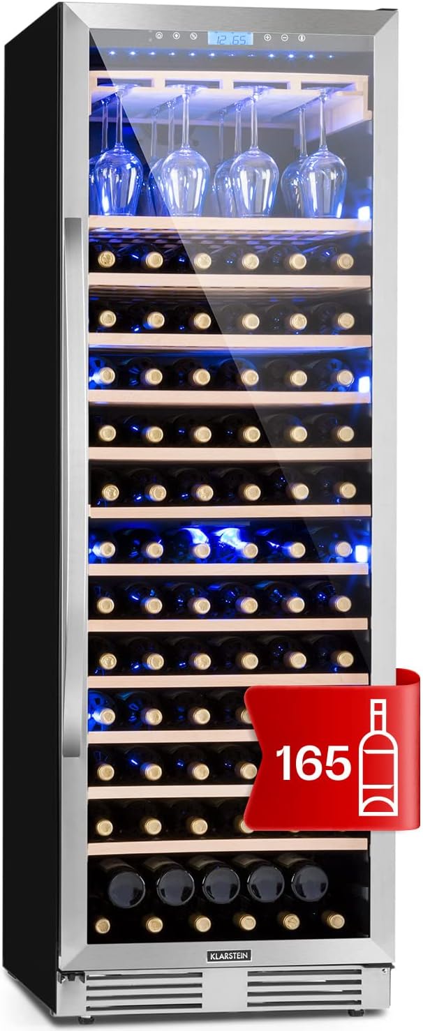 Klarstein Weinkühlschrank, 433 L, Schwarz, Einbau-, 1 Zonen Getränkekühlschrank Klein, Kleiner Weinschrank, Wein-Kühlschrank Klein mit Glastür