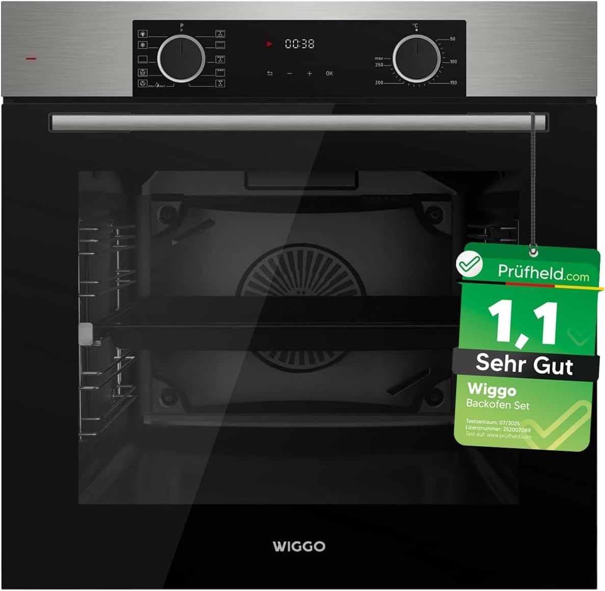 Backofen, 60 cm, 73 L, Silber, [ Test SEHR GUT, Note 1.1 *] WIGGO Set Inox mit Teleskopschienen & Airfry, Dumpfreinigung