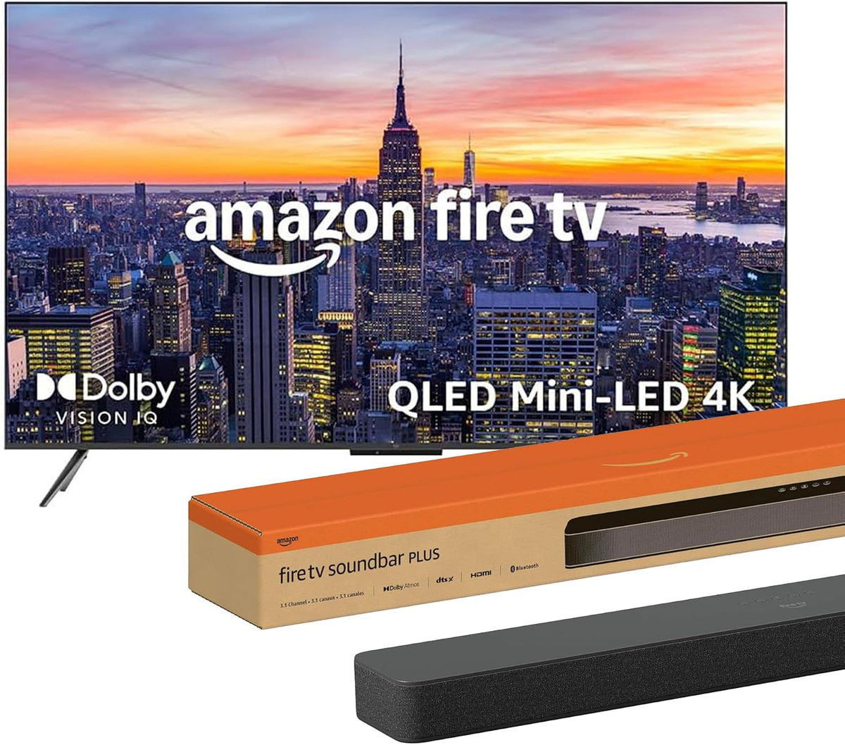 Amazon Fernseher, 55 Zoll, Schwarz, Smart TV, Ember Mini-LED-Serie mit Fire TV, QLED-Smart-TV mit + Fire TV-Soundbar Plus