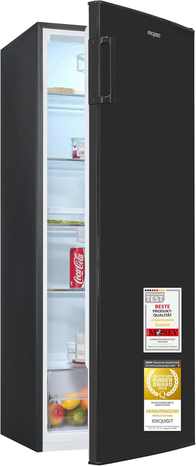Exquisit Kühlschrank, 242 Liter, 143 cm, Schwarz, ohne Gefrierfach, Großer, 5 Ablagen, Vollraum hoch, KS5320-V-H-040E