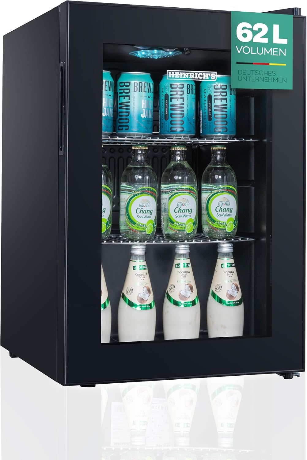 Heinrich´s Mini-Kühlschrank, 62 Liter, 40 dB, Weiß, S Getränkekühlschrank, Mini Kühlschrank mit Glastür kompakt und leise