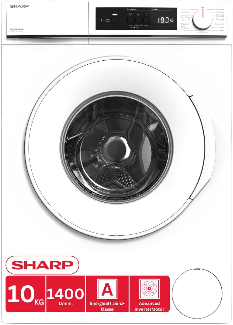 Sharp Waschmaschine, 10 kg, Weiß, ES-NFA014WWNA-DE, 1400 U/min, Energieeffizienzklasse A, AquaStop, AllergySmart