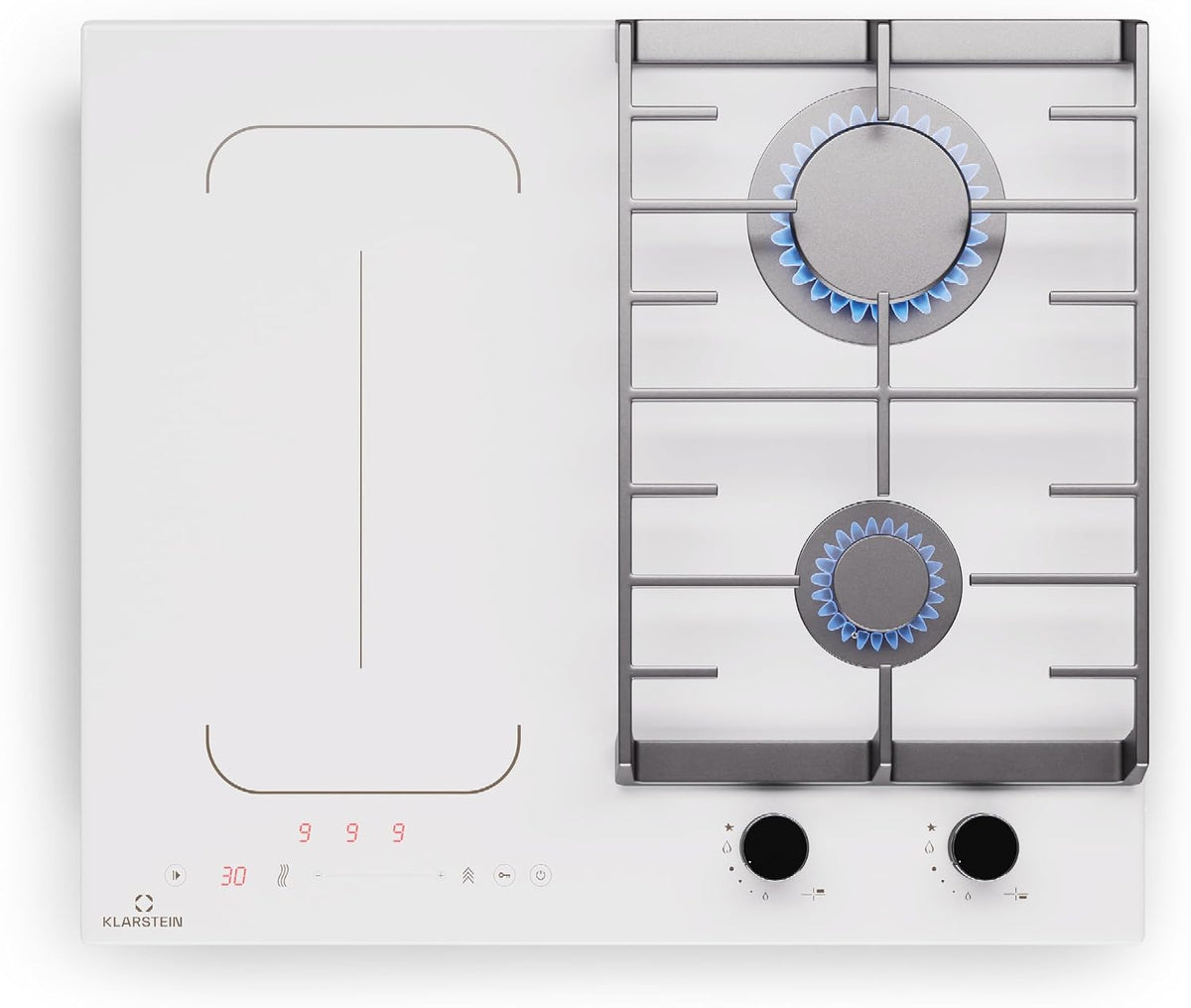 Klarstein Kochfeld, 58,5 Cm, 7Kw, Weiß, MultiChef 4 Induktions Mit Gas - 2 Gas & 2 Induktionszonen, Flexzone, Schieberegler