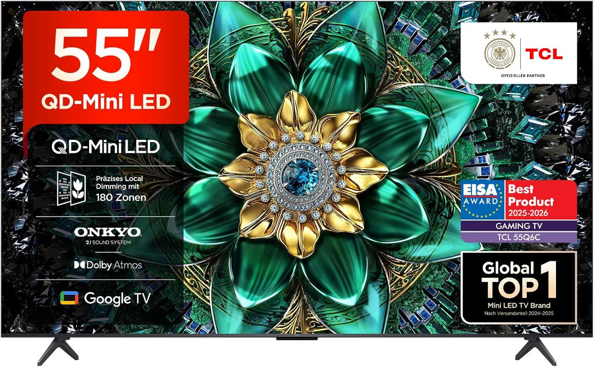 TCL Fernseher, 55 Zoll, Schwarz, Smart TV, 55Q6C QD-Mini LED, 4K HDR Premium 1000nits, Smart TV mit Google TV (Dolby Vision IQ & Atmos
