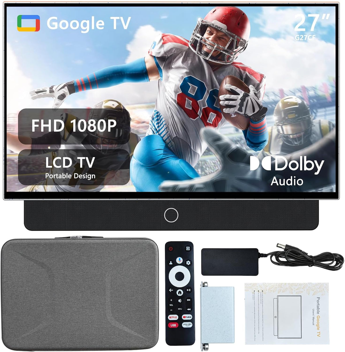 Fernseher, 616,5 x 418 x 99 mm., max ≤ 65 W, 27 Zoll, Schwarz, Tragbarer 68, 6 cm FHD 1080P Android14 OS mit Google TV