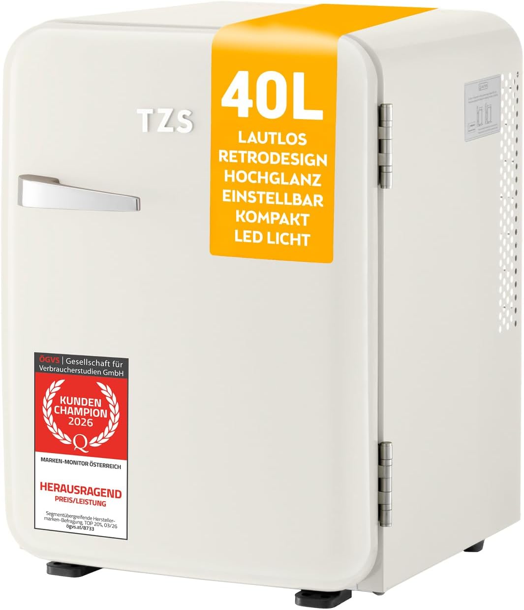 TZS Mini-Kühlschrank, 40 L, Weiß, First Austria - Retro Mini Kühlschrank - Lautlos - Vintage