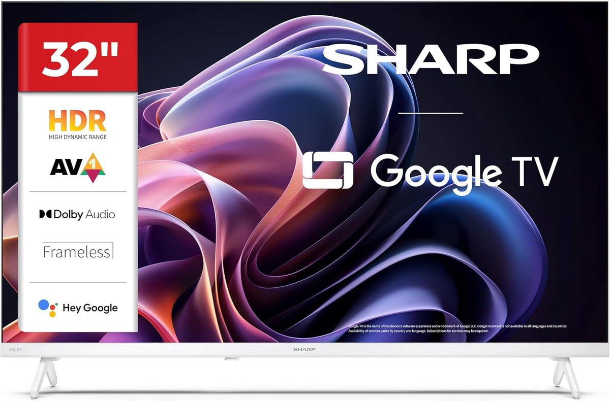SHARP Fernseher, Weiß, 32HF2365EW, Google TV, 32' HD, Rahmenlos, 60 Hz, 2x3 W Sound, 3X HDMI, 2X USB
