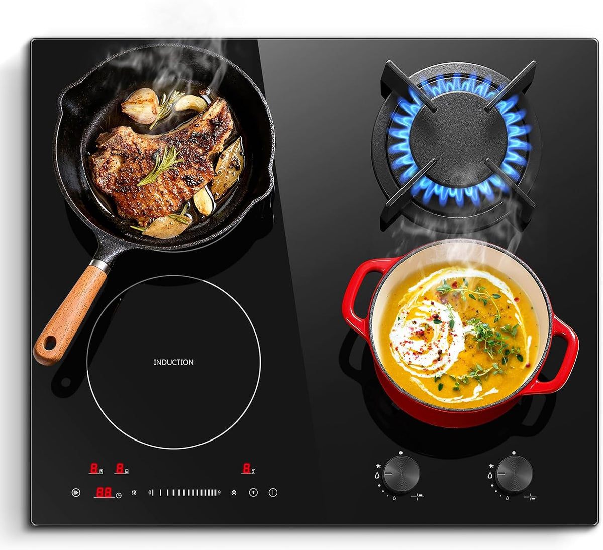 SNDOAS Kochfeld, 7500 W, 60 cm, Schwarz, Gas Induktions Kombination, mit Stecker