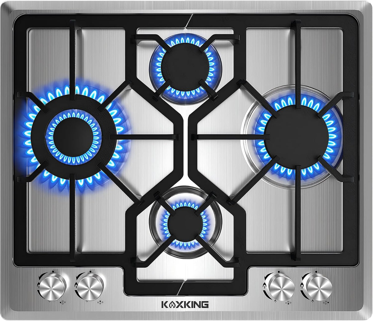 Gaskochfeld Kochfeld, 60 cm, Silber, 4 Flammig, Einbau, Edelstahl, NG/LPG konvertierbar, Flammenausfallsicherung Thermoelement