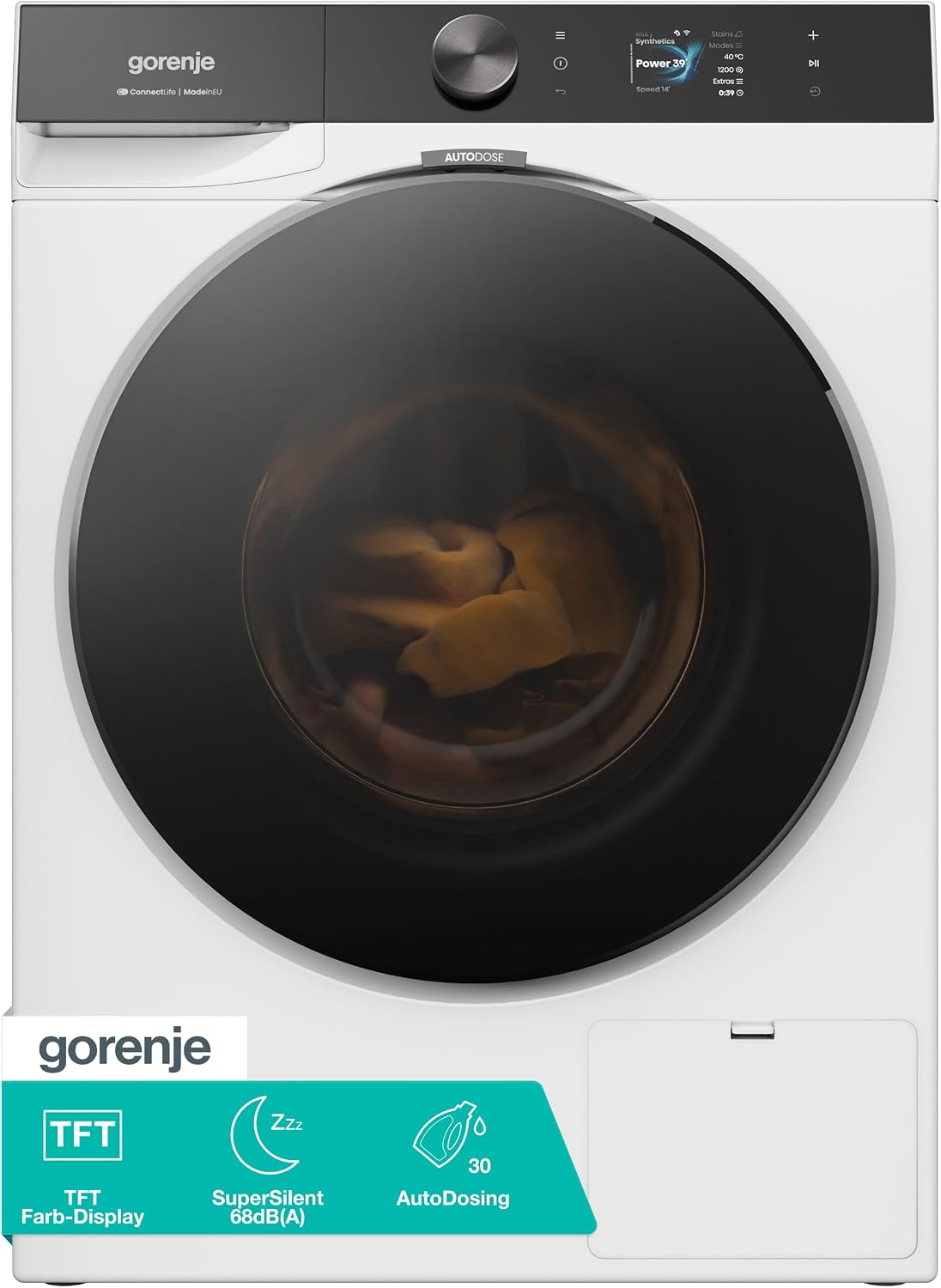 Gorenje Waschmaschine, 68 db, 10 kg, Weiß, WG814A5T4 mit Dampffunktion, 1400 U/Min, 20 Programme, TFT Farb-Display