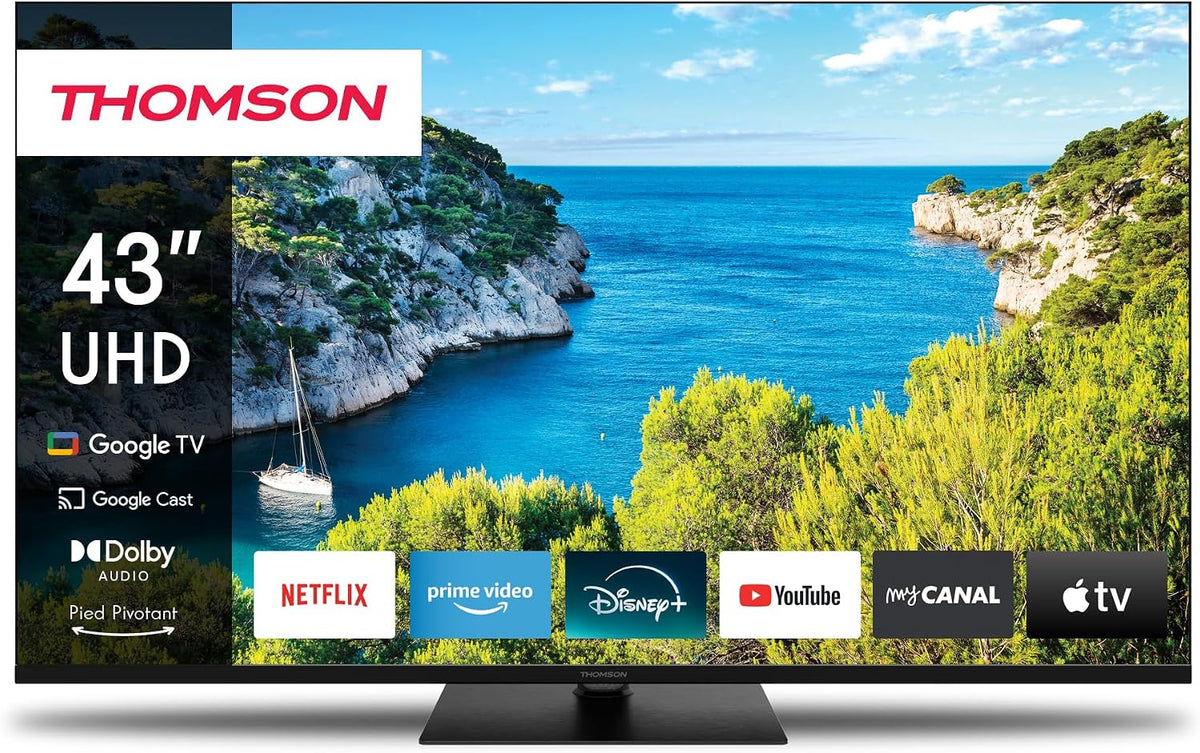 Thomson Fernseher, 43 Zoll, 109 cm, Schwarz, 4K Ultra HD Smart Google TV, Wi-Fi, Dolby Audio, HDR10, Bluetooth 5.1