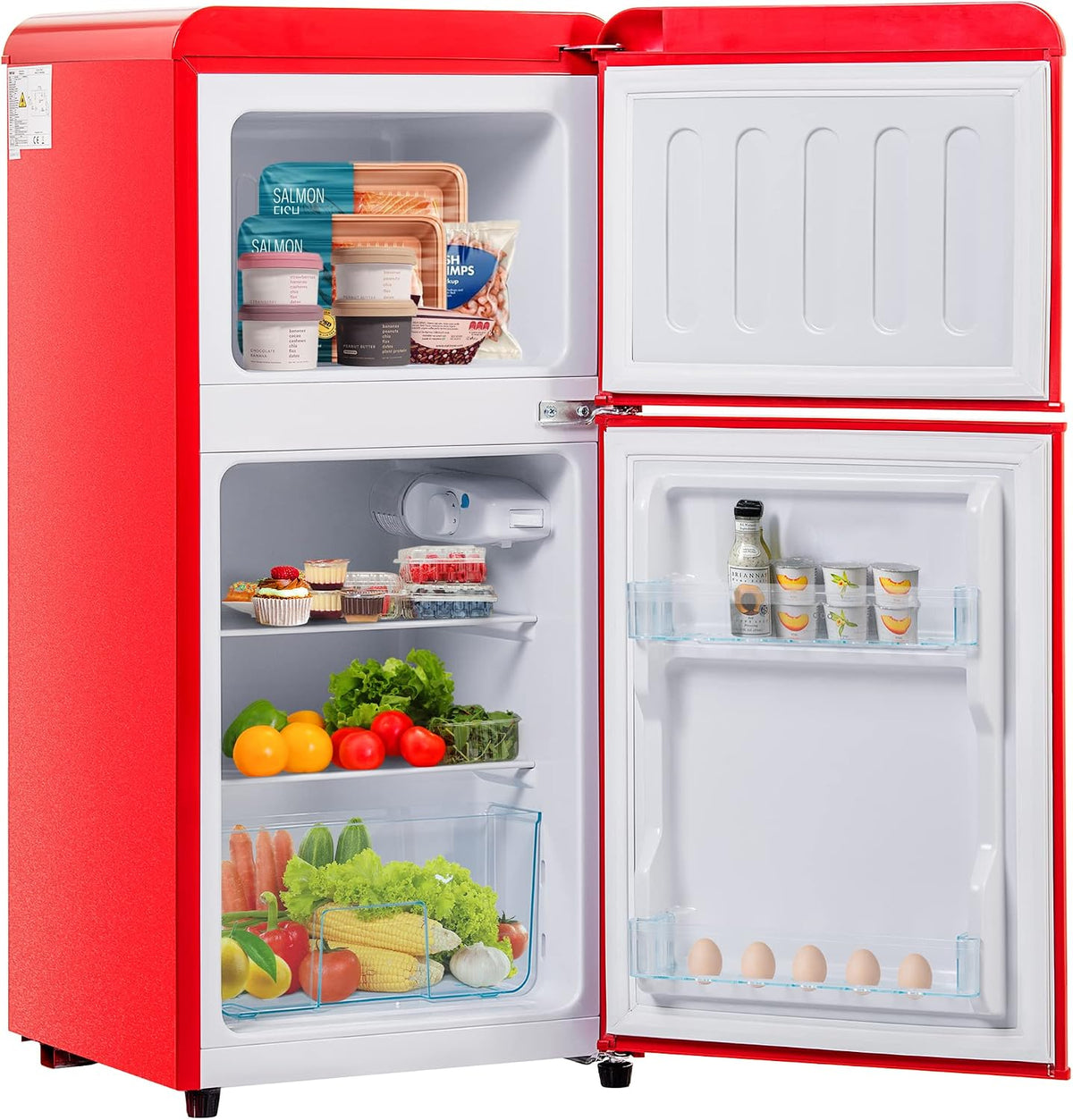 Merax Kühl-Gefrierkombination, 60 L, Rot, Retro Kühlschrank, Mini Kühlschrank mit Gefrierfach 22 L, Zweitürig Kühlschrank Freistehend