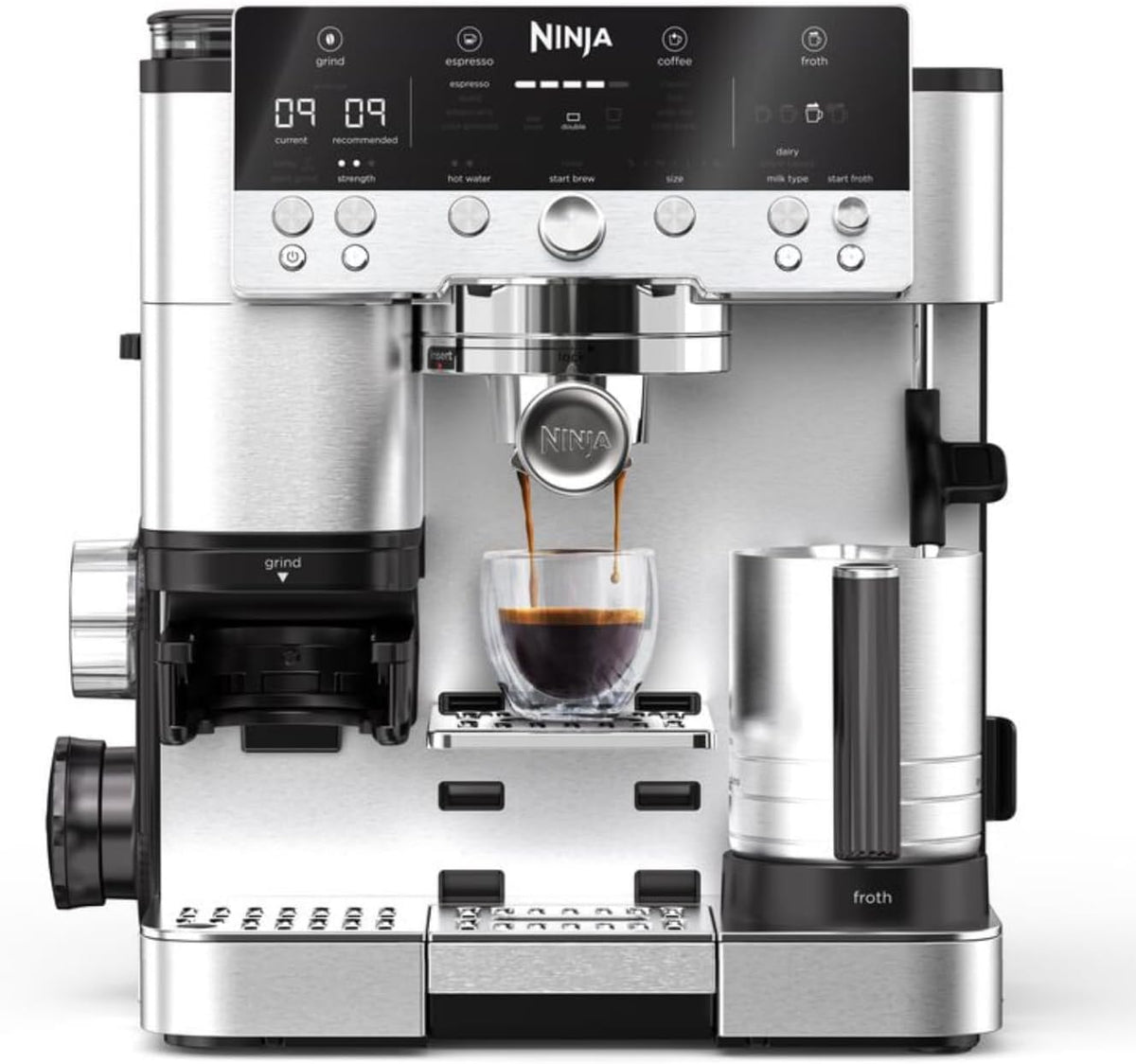 Ninja Kaffeemaschine, Silber, Luxe Café Premier 3-in-1 mit Mahlwerk & Aufschäumer