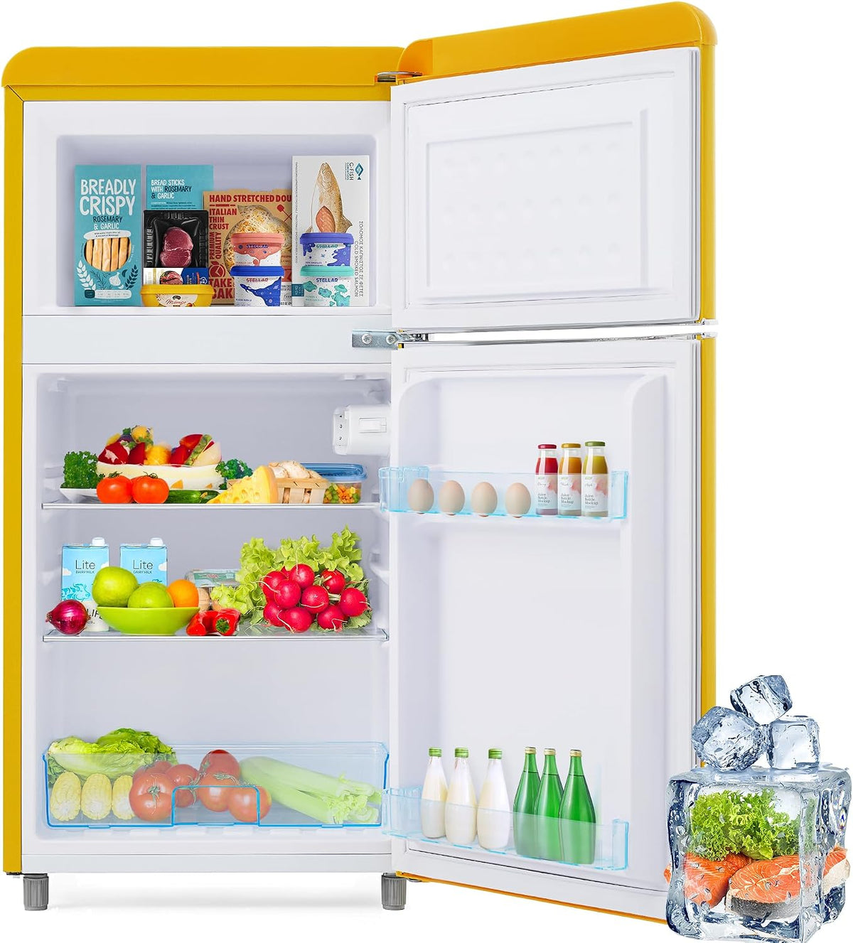 Merax Kühlschrank, 72 L, 21 L, Gelb, Retro, Doppeltür, Gesamtvolumen, Gefrierfach, Energieklasse E, 120 kWh/Jahr