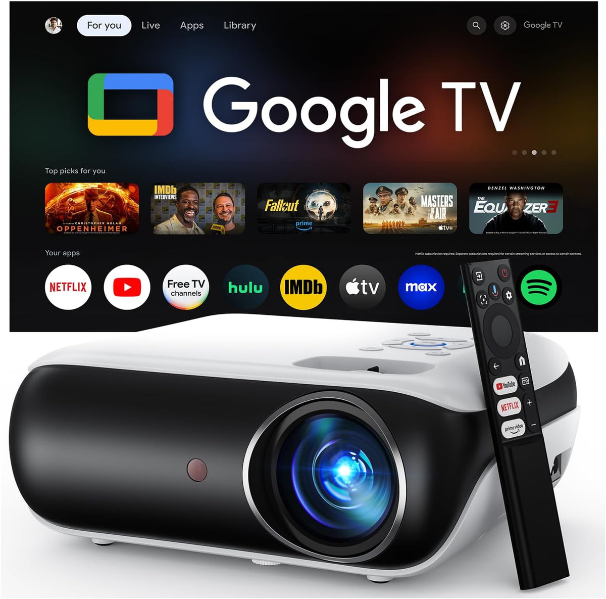 Official Beamer, 25000 L, Schwarz, Google TV Smart 4k, HAPPRUN Full HD Heimkino mit Dolby Audio, Wi-Fi & Bluetooth