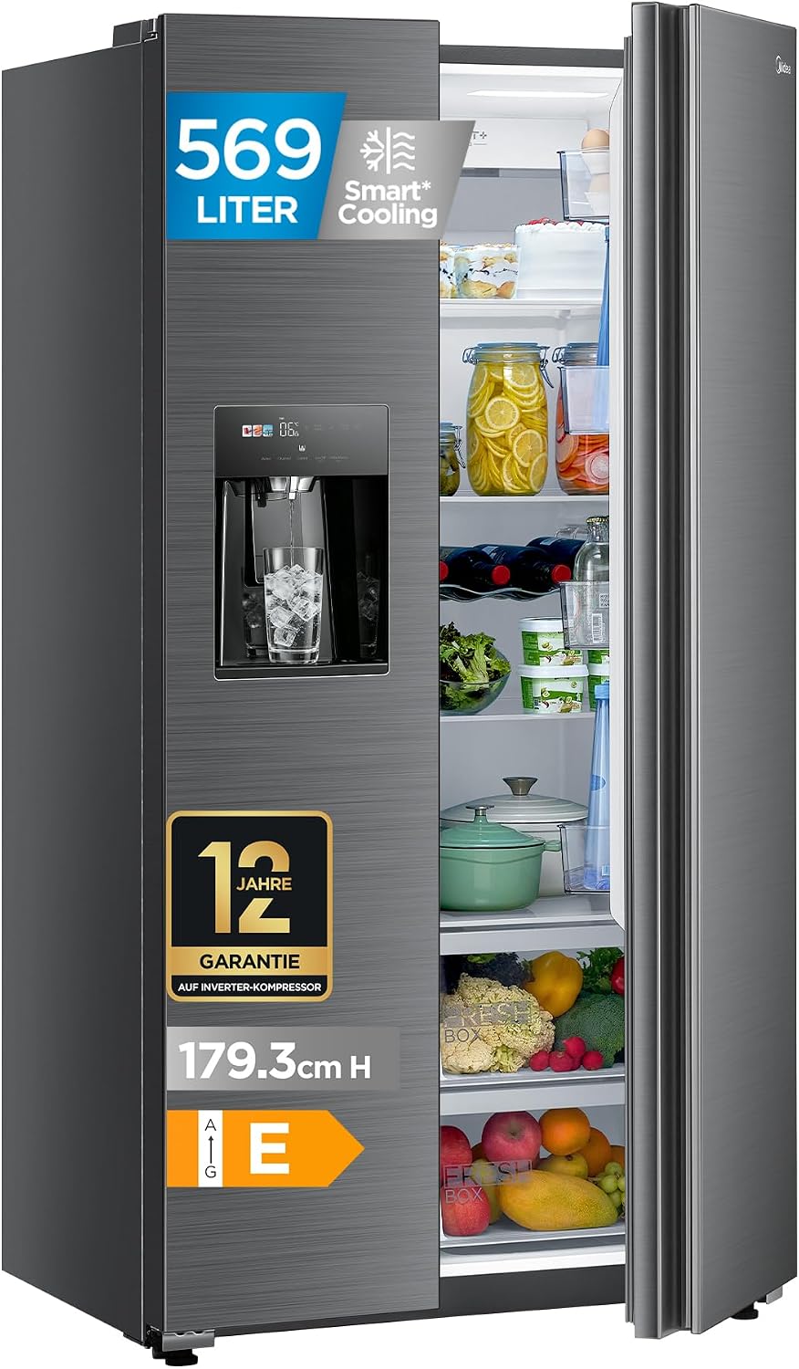 Midea Side-by-Side-Kühlschrank, 569 L, Silber, Eiswürfel- & Wasserspender, No Frost
