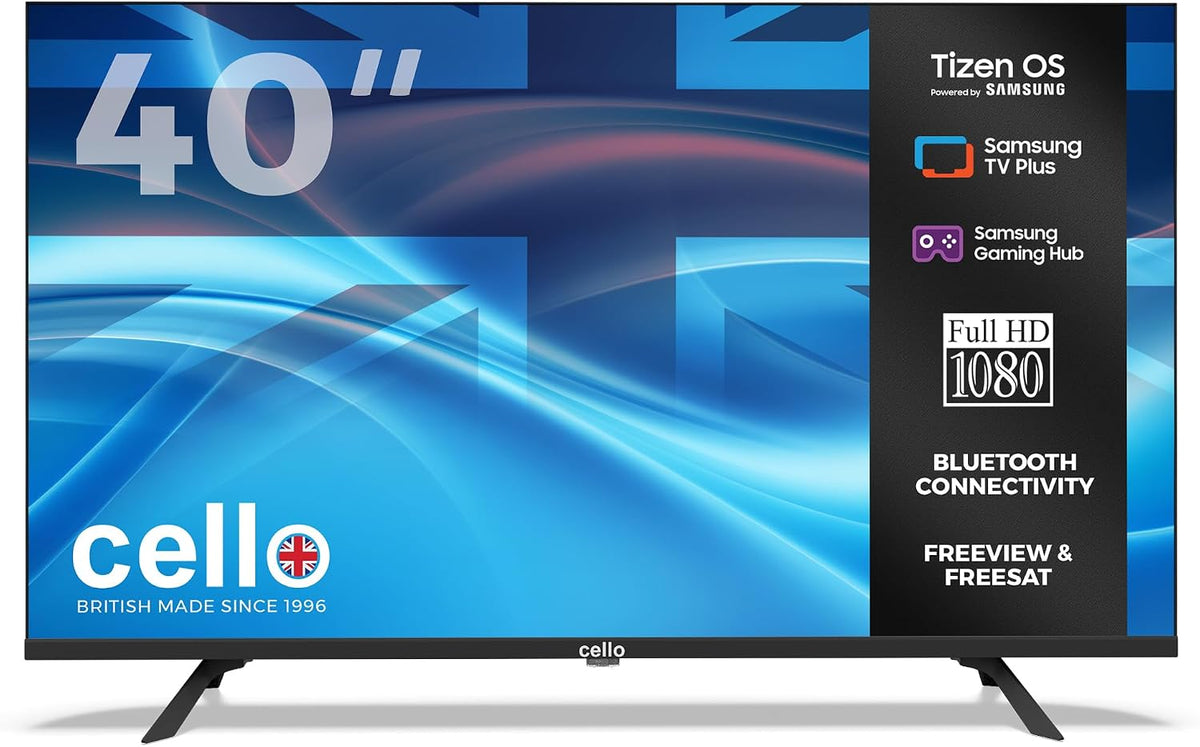 Cello Fernseher, 40 Zoll, Schwarz, Smart TV, C4025TZ Rahmenloser Full HD Smart TV mit Tizen, Cloud Gaming ohne Konsole