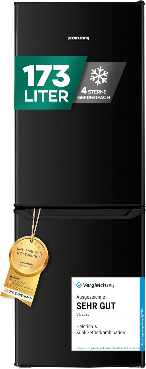 Heinrich´s Kühl-Gefrierkombination, 173 L, 121 L, 40 dB, 52 L, Schwarz, Kühlgefrierkombination Gesamtvolumen, Kühlvolumen Gefriervolumen