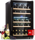 Klarstein Weinkühlschrank, Schwarz, Getränkekühlschrank Schmal, 2 Zonen Kühlschrank mit Glastür, Getränkekühlschränke Freistehend