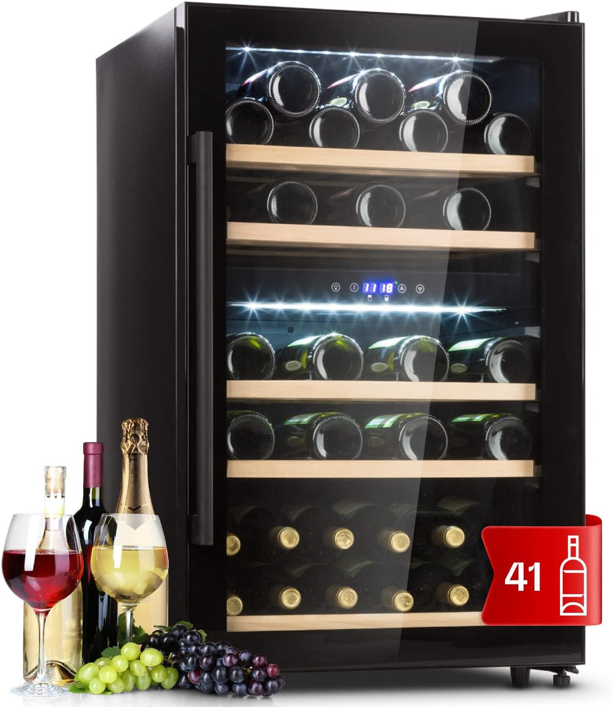 Klarstein Weinkühlschrank, Schwarz, Getränkekühlschrank Schmal, 2 Zonen Kühlschrank mit Glastür, Getränkekühlschränke Freistehend