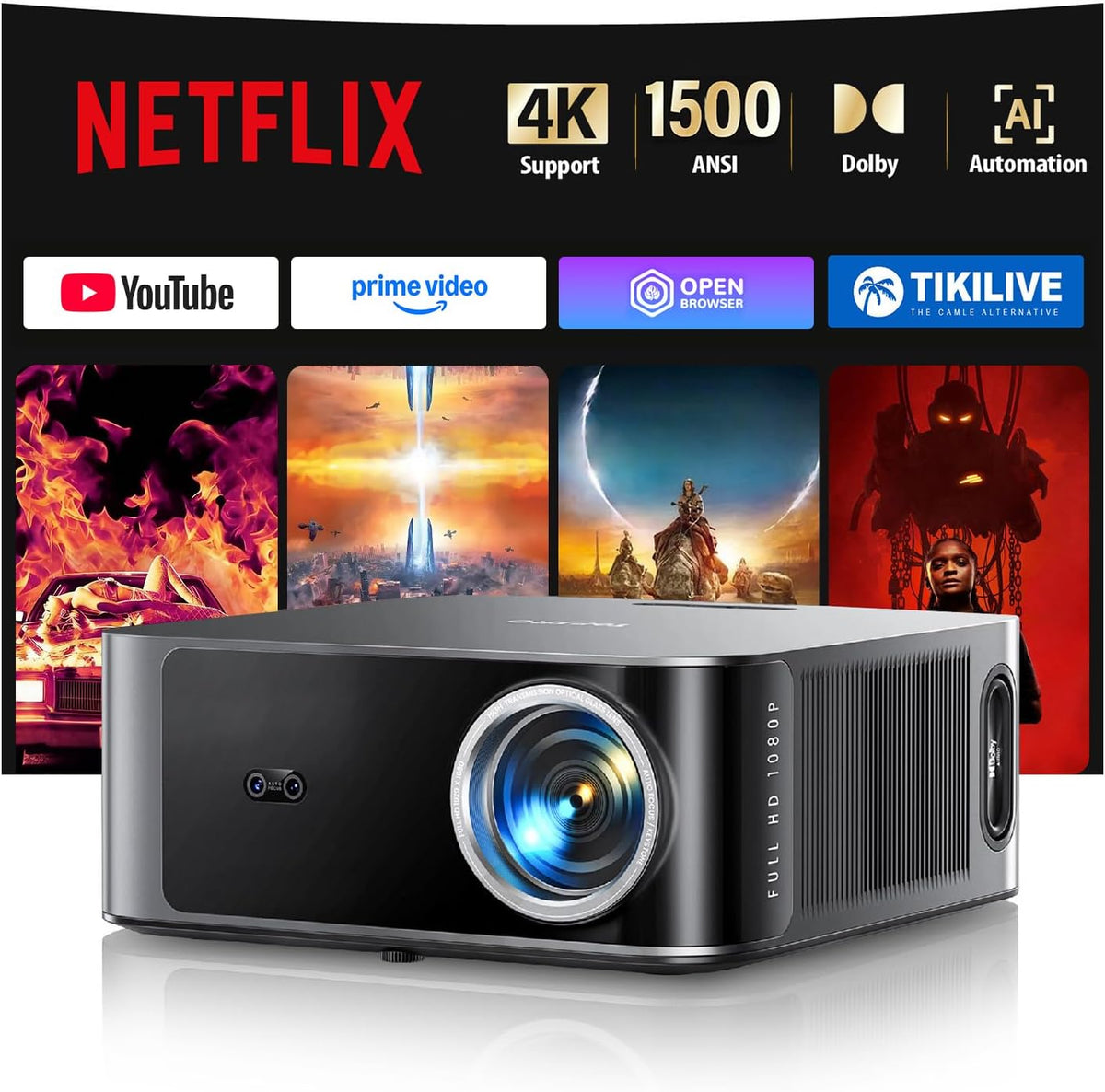 Beamer, Schwarz, 4K【Kompatibel mit Netflix & Dolby Audio】 Toptro 1500 ANSI, 1080P Full HD Video Projektor mit Zwei-Wege Bluetooth WiFi